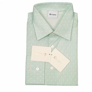 NEW $665 Brioni Fine Cotton Shirt!  XL  Green White Dot Stripes & "B" Monograms